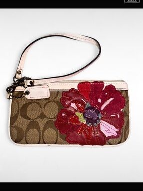 Coach Brown Signature Canvas Wristlet with Red Floral Applique and Pink Trim